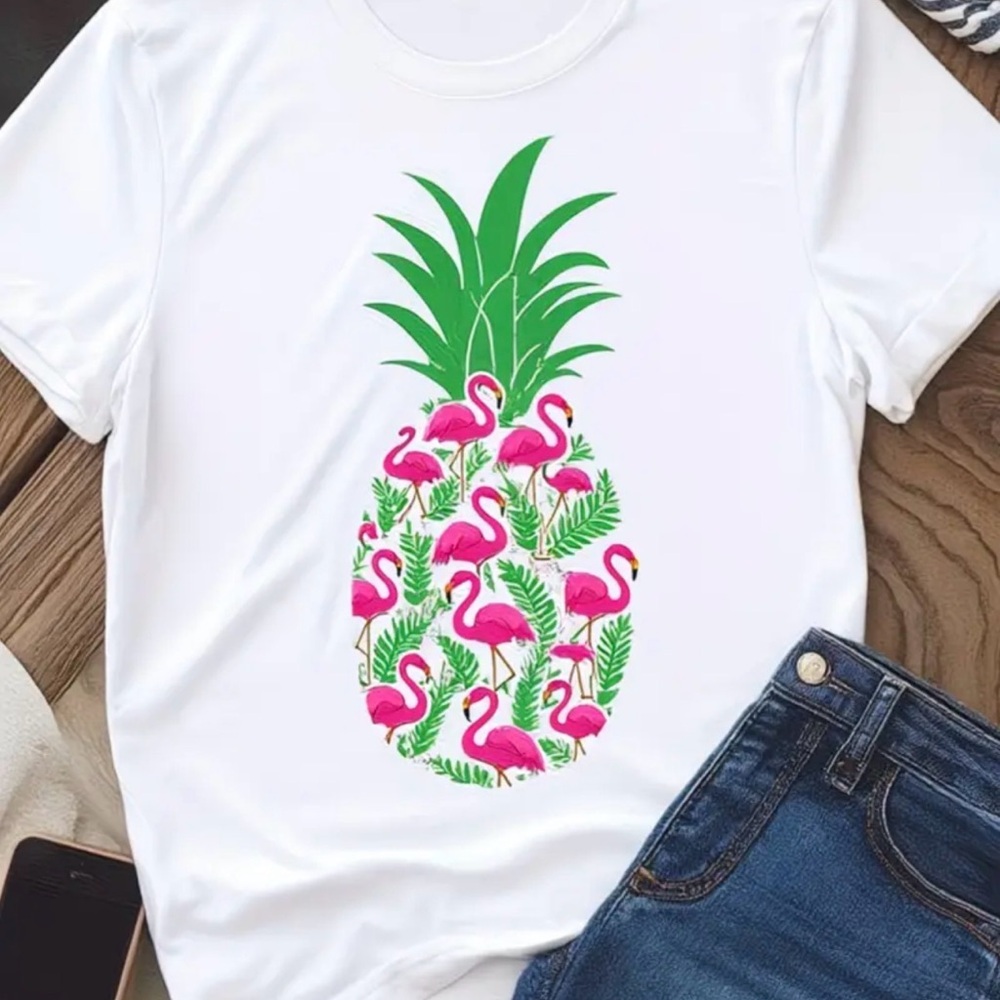 Pink Flamingo Pineapple Design Tee Shirt 3XL White Cotton Unisex